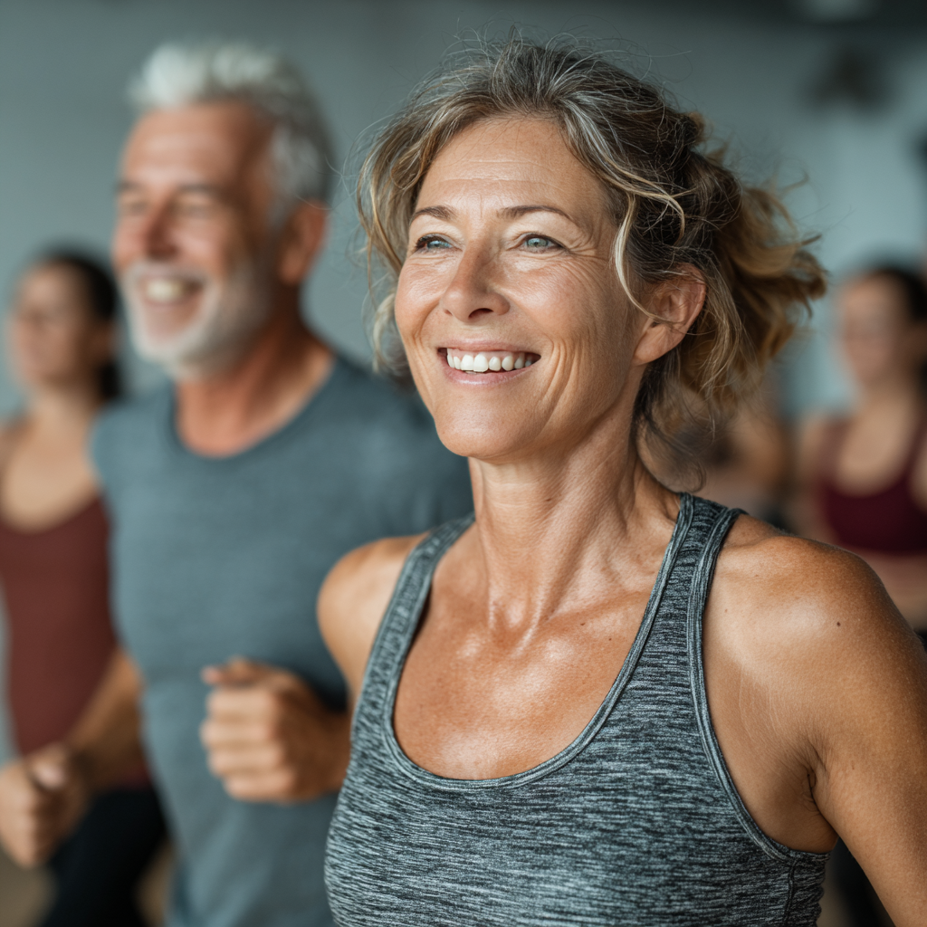 Group fitness class with adults aged 45-55 doing cardiovascular exercises together in bright studio with motivational trainer leading session