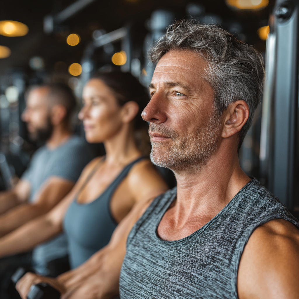 Mature adults aged 45-55 doing strength training exercises in modern fitness gym with professional equipment and motivational atmosphere