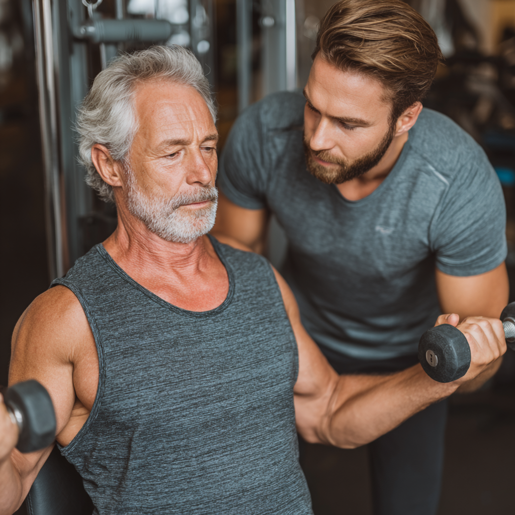 Personal trainer working with mature client aged 50 in fitness studio, demonstrating proper exercise form and providing individualized coaching